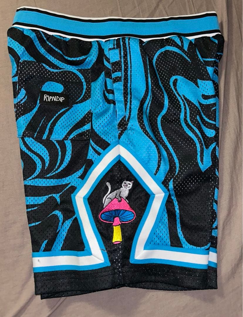 RIPNDIP バスケットボールパンツ 青黒模様 猫イラスト