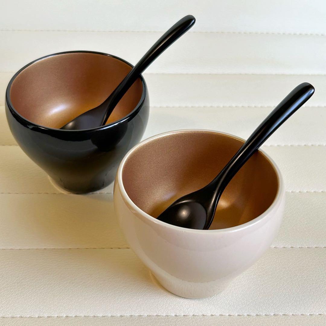 会津塗　内金　黒白　デザートカップ　漆器　お椀　ボウル　金彩　天然木　スプーン