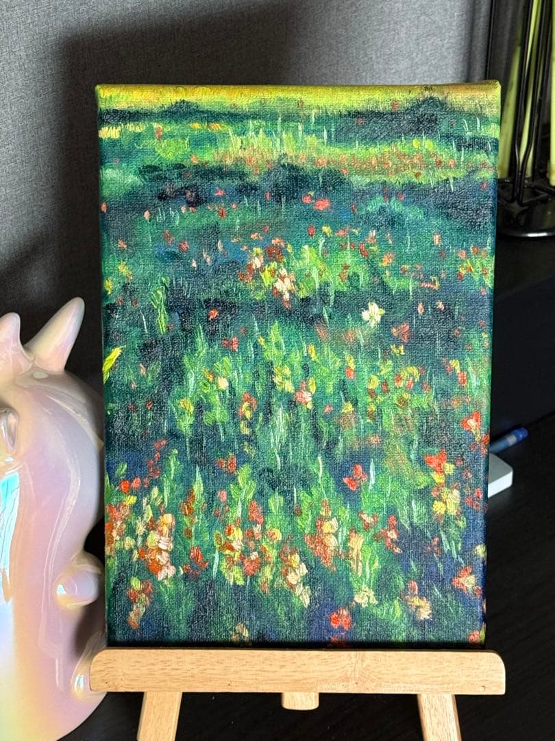 「花畑の夕陽」　手描き　油絵　風景画　原画　油彩画　印象派