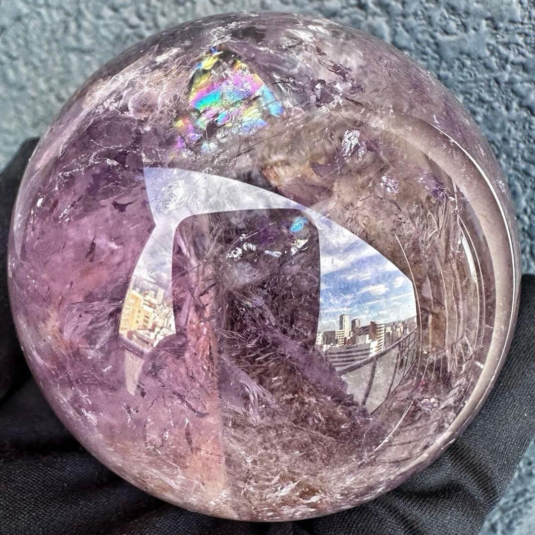 ラベンダー☆レインボー☆アメジスト·ライモナイト共生 丸玉スフィアA1275