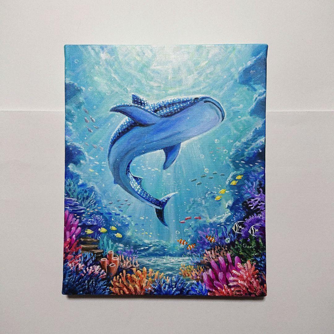 【ジンベエザメ】アクリル画 F3 風景画 絵画 海の絵