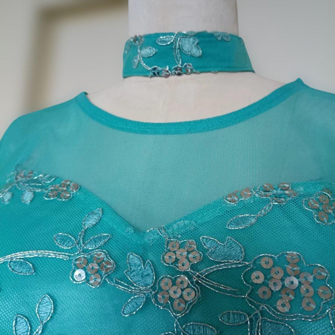社交ダンス青緑色ビーズ刺繍フレアドレスM