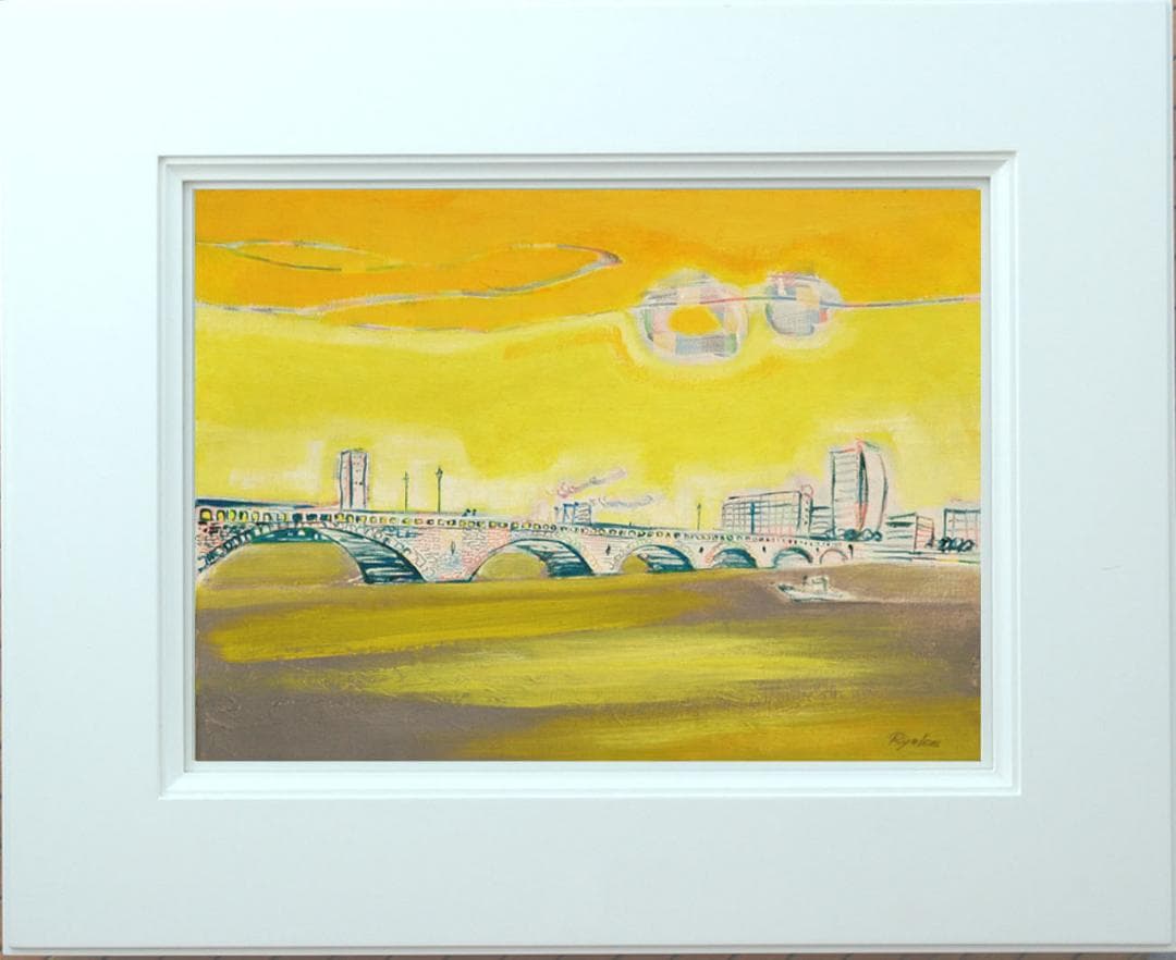 油絵 菅家令子 絵 絵画インテリア額付(黒)F4-090214 風景夕朝陽万代橋