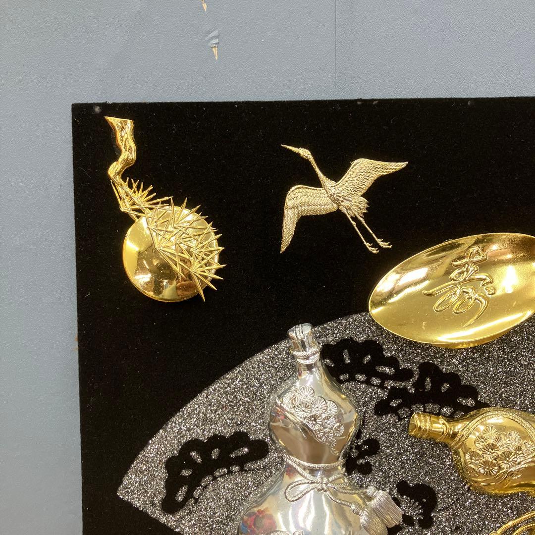 24K GP 金工 額装パネル 縁起物 鶴亀 ひょうたん 松竹梅 慶事 雑貨