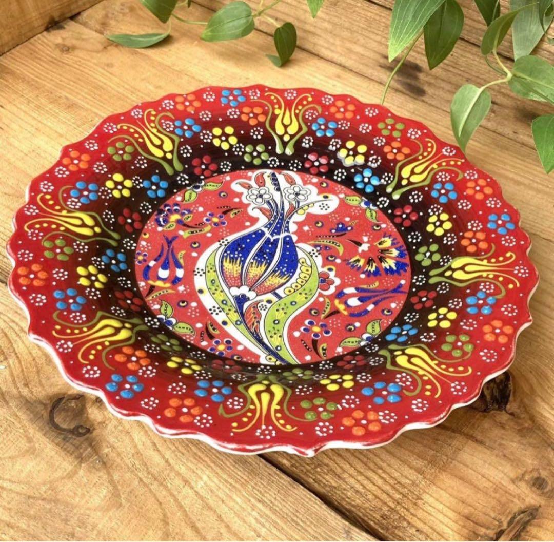27cm☆新品☆【トルコ】手描き 大皿 壁掛け ＊ 赤レッド ＊キュタフヤ陶器