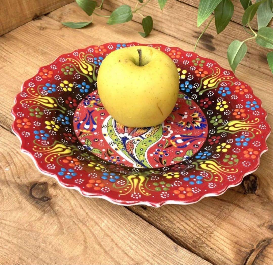 27cm☆新品☆【トルコ】手描き 大皿 壁掛け ＊ 赤レッド ＊キュタフヤ陶器