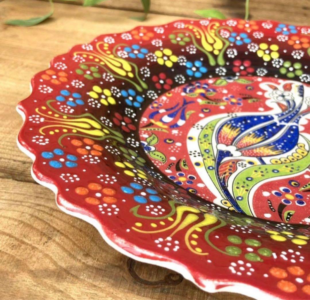 27cm☆新品☆【トルコ】手描き 大皿 壁掛け ＊ 赤レッド ＊キュタフヤ陶器