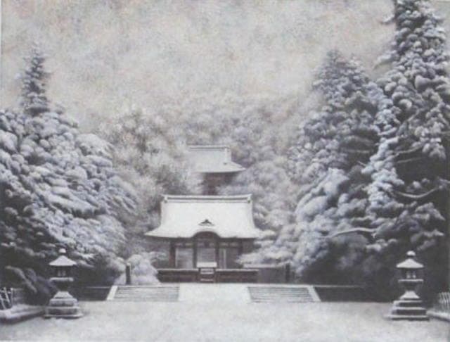 福井良宏・鎌倉の四季「初六花（雪の鶴岡八幡宮）」　版画　ジクレー