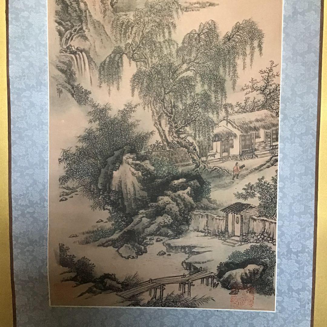 極細水墨画「楼閣山水図」　肉筆　張斎筆
