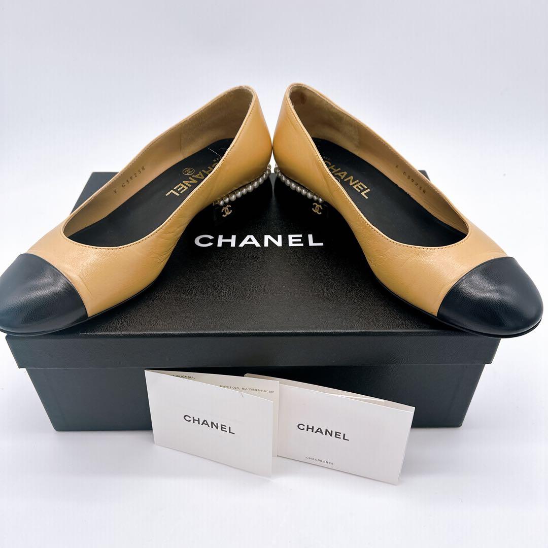 CHANEL シャネルバレエシューズ 38ベージュ/ブラック ココマーク卒業式