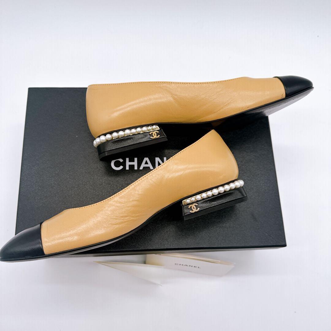 CHANEL シャネルバレエシューズ 38ベージュ/ブラック ココマーク卒業式