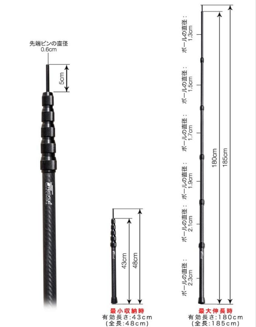 【カーボン・1本200g】　180cm伸縮ポール・2本