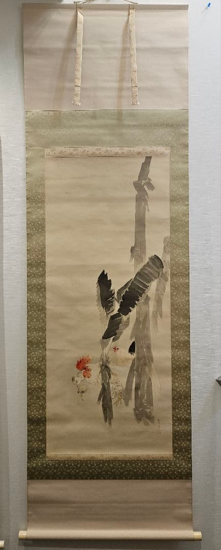 渡辺省亭 鶏図 花鳥画　菊池容斎師事 絹本 骨軸先