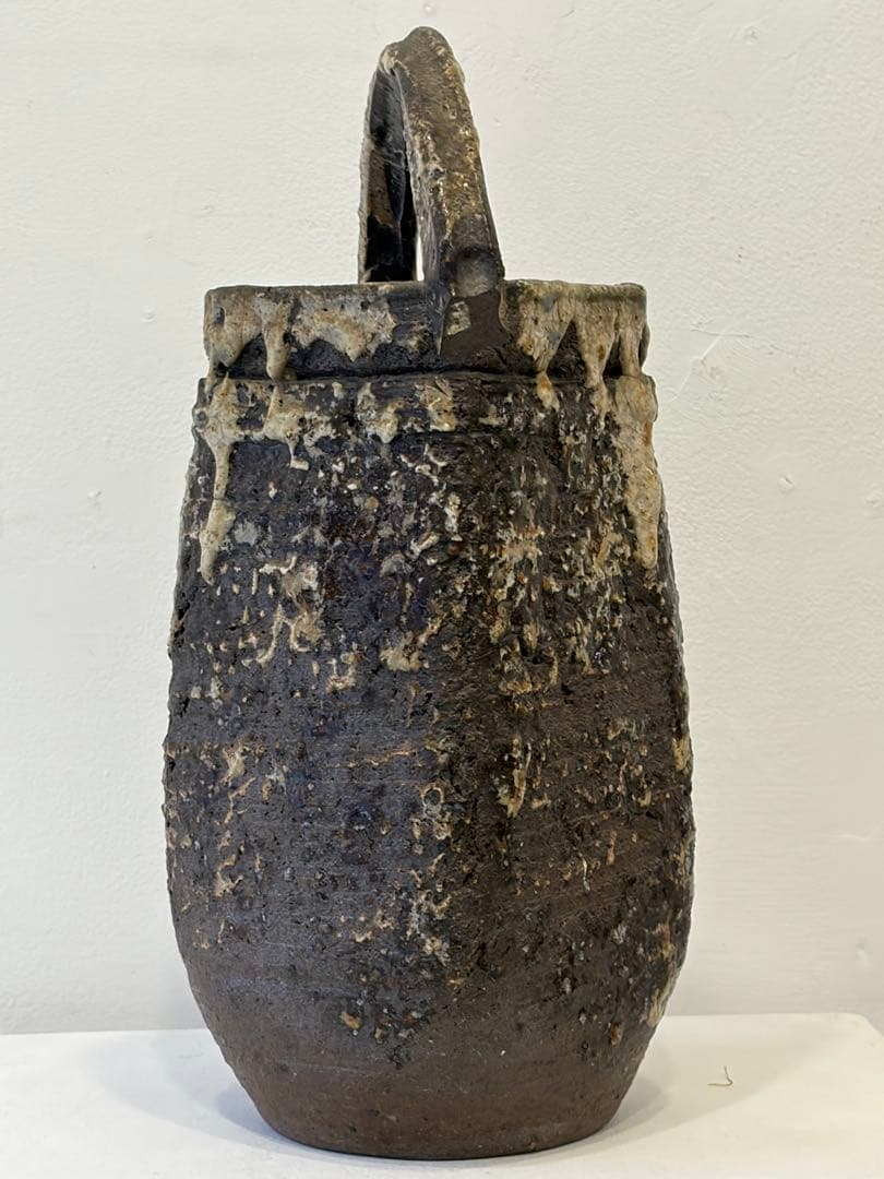 備前焼　焼きじめ　花器　花生け　茶道具　銘有　釉薬だれ　高31cm