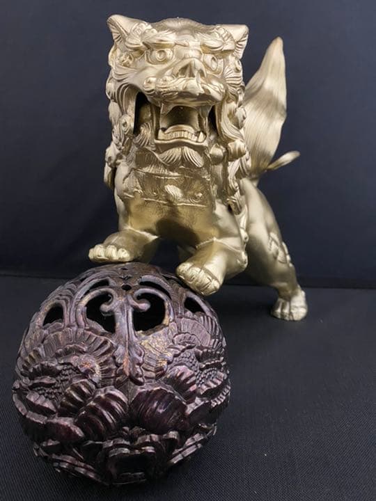 獅子 シーサー 玉 金属製 彫刻 置物 開運 風水 骨董 古美術 インテリア