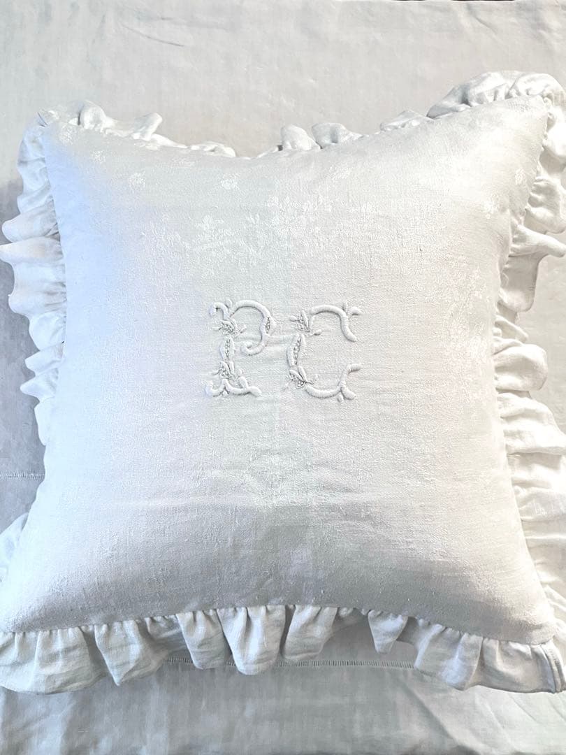 【美品】フランスアンティーク PC手刺繍 ダマスク クッションカバー