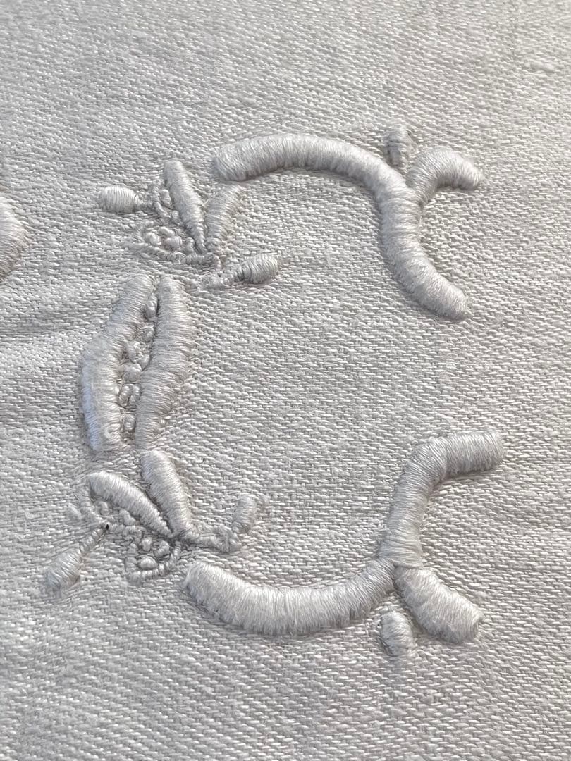【美品】フランスアンティーク PC手刺繍 ダマスク クッションカバー