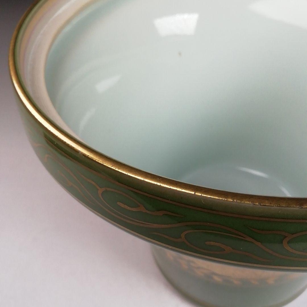 Ｗ３８１　水指　『緑地金襴手　末広形』『玉堂窯　手塚玉堂 造』　共箱　茶道具