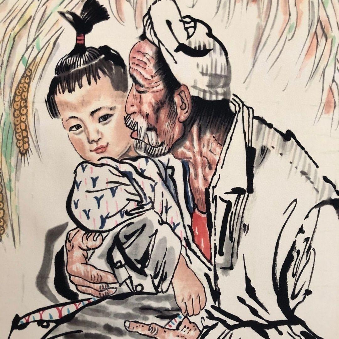 劉文西 人物画 掛け軸 中国画 三尺中堂 中国美術 水墨人物図 174×77cm