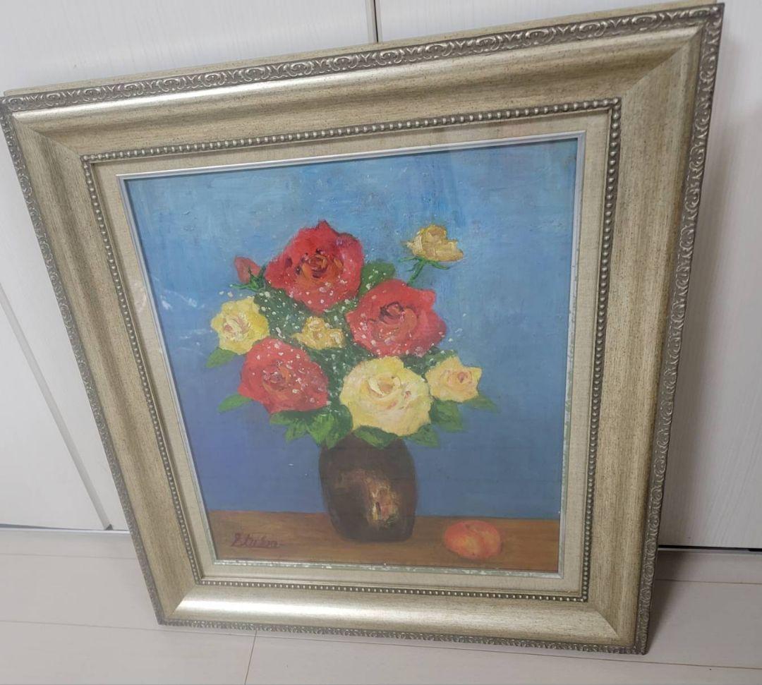 油絵 絵画 花 手描 額装 一点物 生前整理 インテリア 大型 約62×54cm
