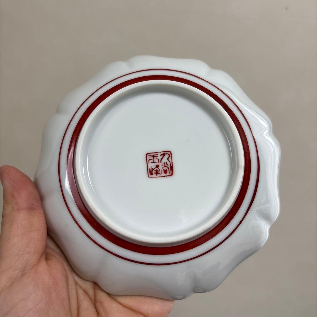 新品　九谷焼 玉峰 色絵 獅子 牡丹 手描き 小皿 プレート 5客 八角皿
