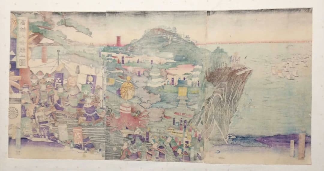 浮世絵版画、高舘大合戦之圖三枚綴り 歌川芳盛画、元治元年出版