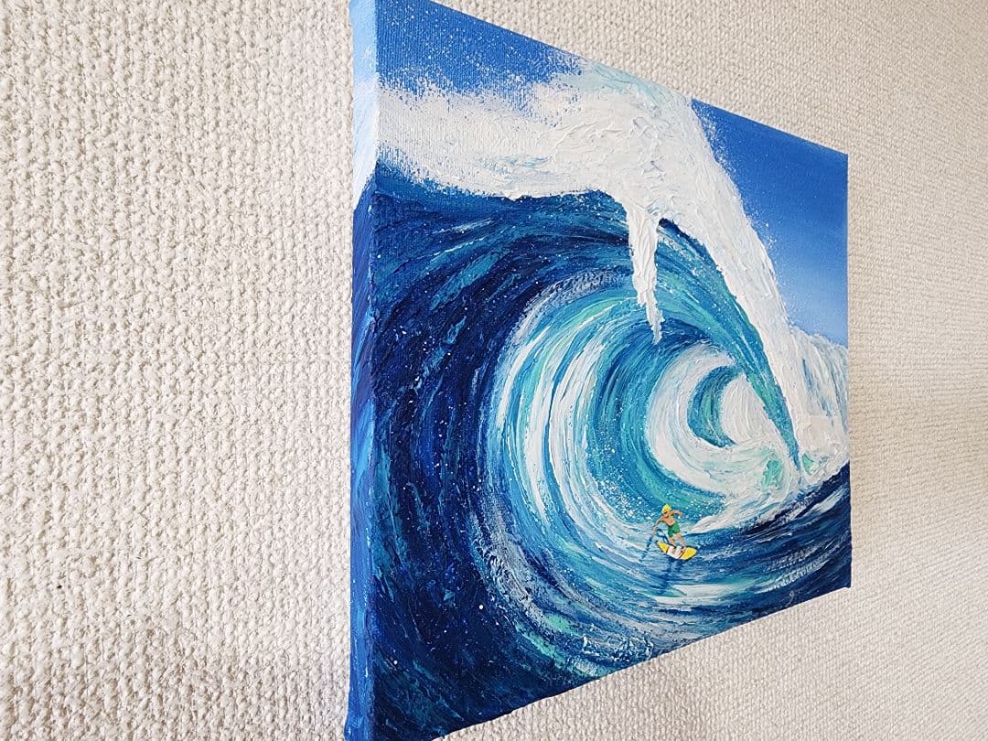 サーフィンの絵　世界で１枚　アクリル画　風景画　サーフィン　テクスチャーアート