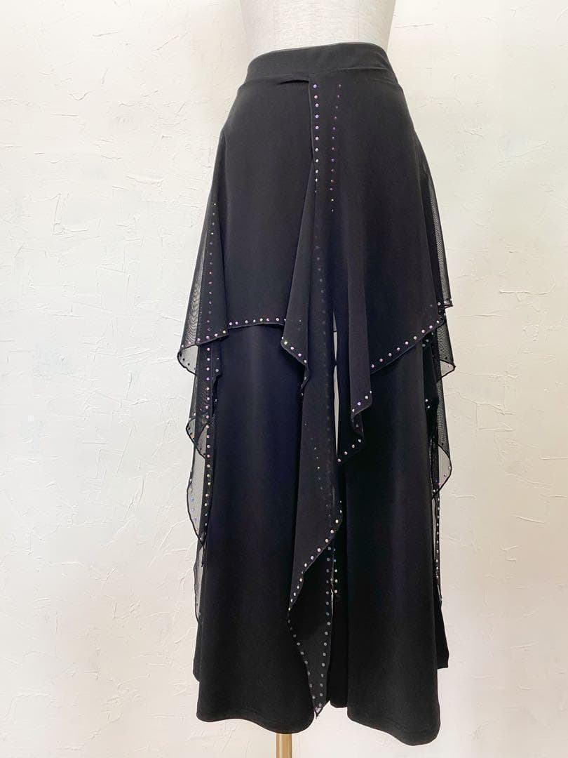 【ラインストーン輝く】新品オーバーメッシュフリル付きワイドパンツ 黒ｍ165