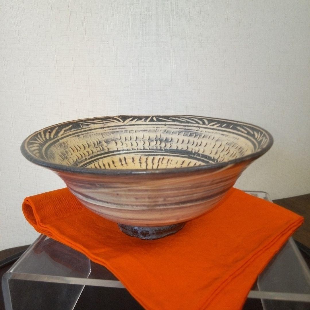 陶芸作家《吉田　明》作　彫三島抹茶　茶碗