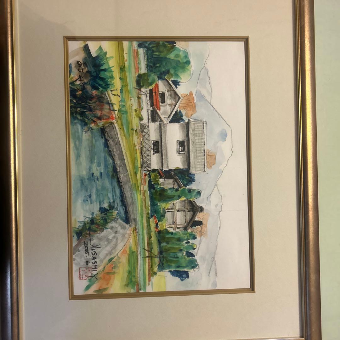 風景 水彩画 金色フレーム