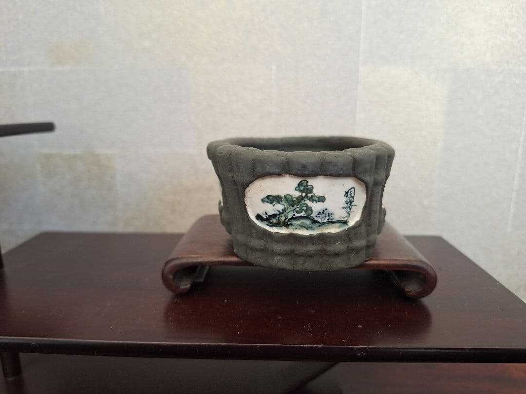 陶翠　黒泥竹紋額入色絵楕円　ミニ盆栽鉢　小品盆栽鉢　植木鉢　樹鉢　盆器　瀬戸焼