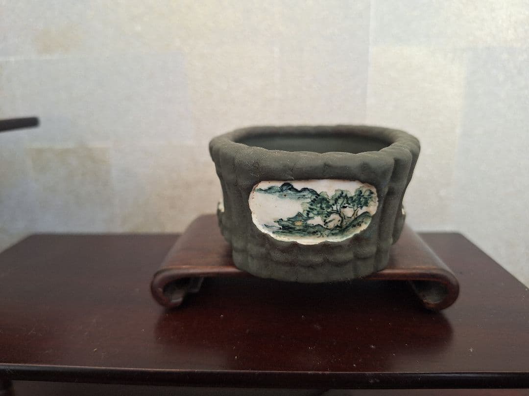 陶翠　黒泥竹紋額入色絵楕円　ミニ盆栽鉢　小品盆栽鉢　植木鉢　樹鉢　盆器　瀬戸焼