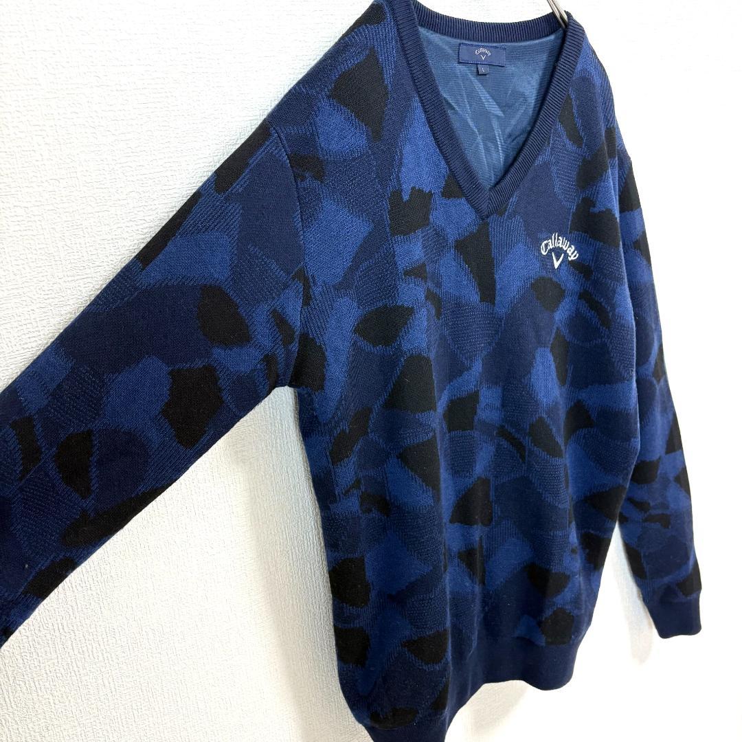 【美品】 callaway Vネック長袖ニット L ネイビー 胸元ロゴ刺繍 総柄