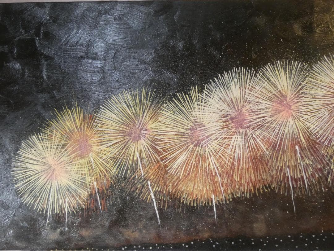 大型油絵　風景　山下清　 【　花火　】手描き　額付き 80×40cm