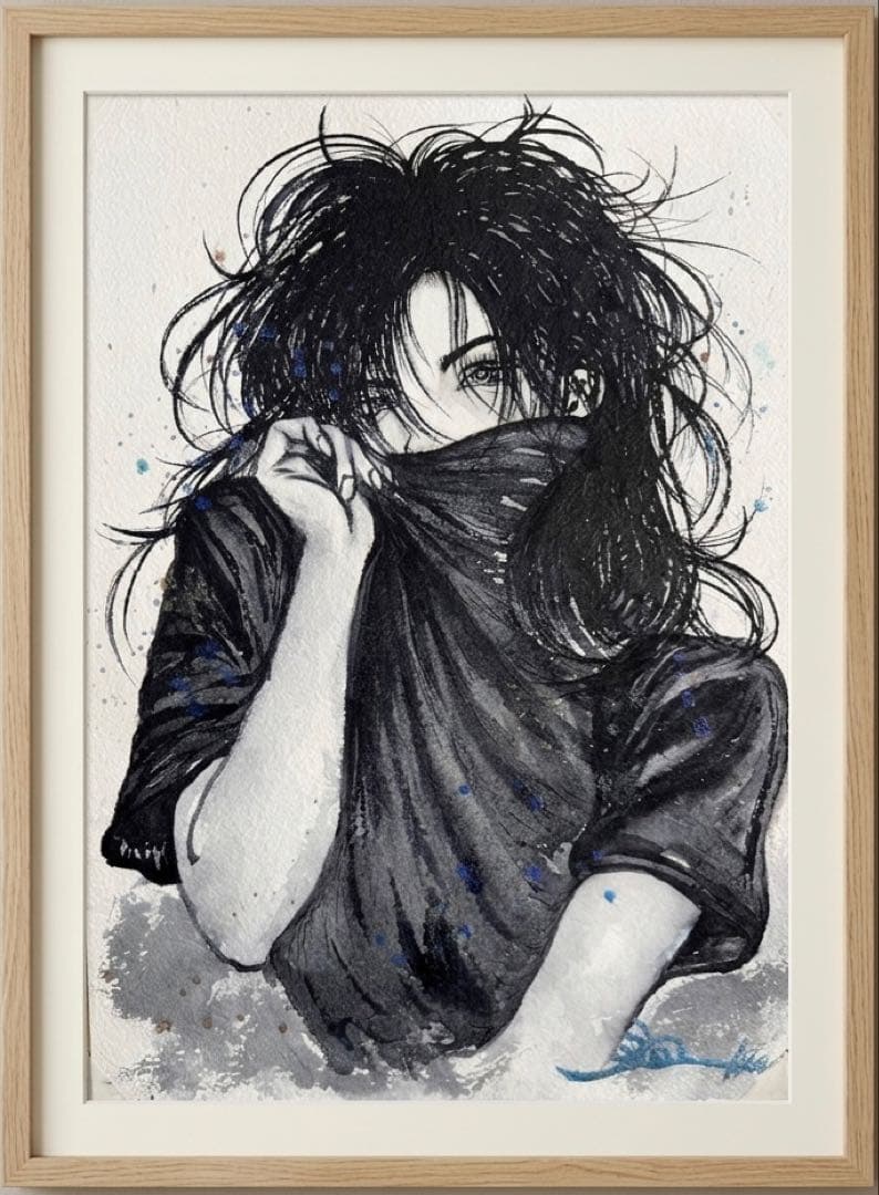 原画 水彩 女性画 三部作 モノクロ×彩色 B5 一点物 インテリア