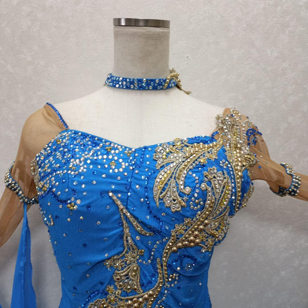 青い社交ダンスドレス ビーズ装飾