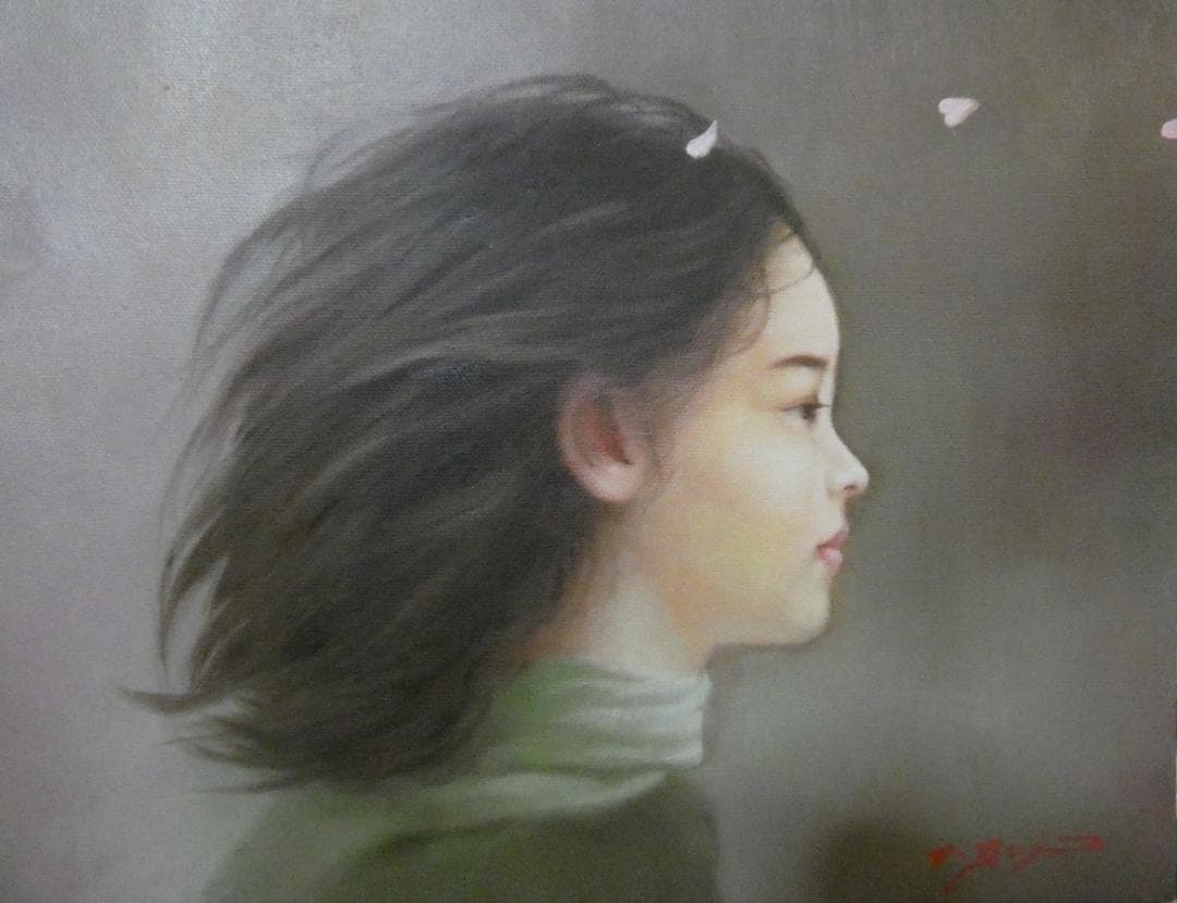 人物画　油絵　藤井勉　風　F6号　額付き　手描き　肉筆