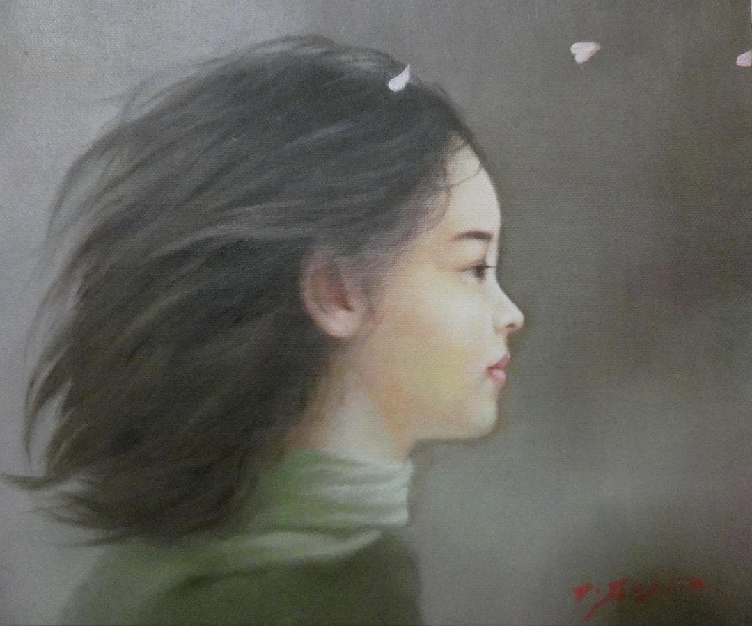 人物画　油絵　藤井勉　風　F6号　額付き　手描き　肉筆