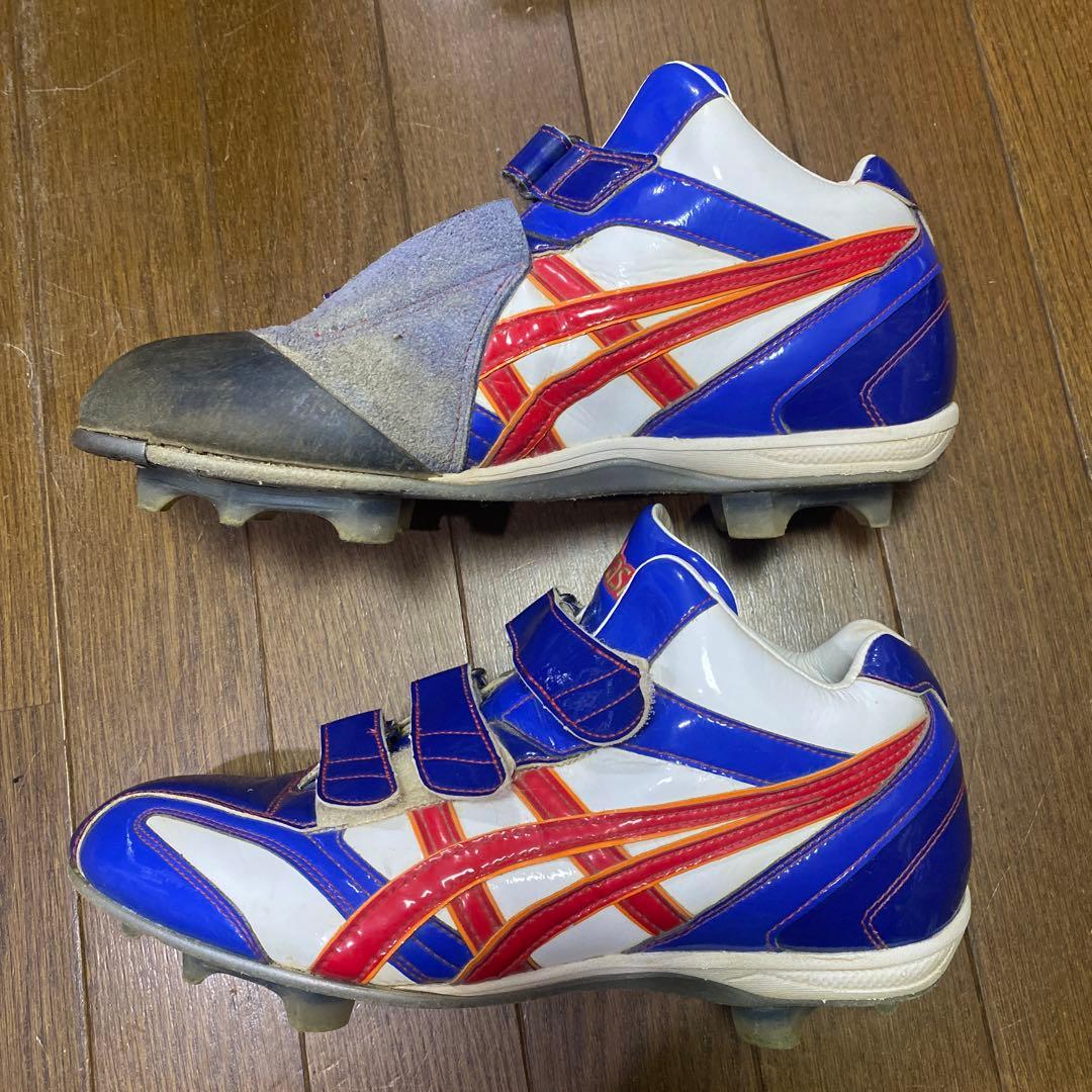 asics 野球スパイクシューズ 青/白/赤 ベルクロ、ゴールドステージ