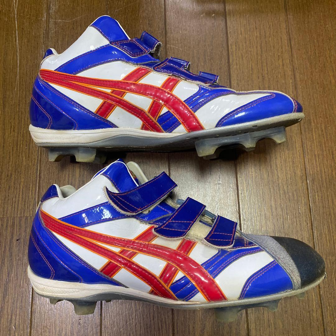 asics 野球スパイクシューズ 青/白/赤 ベルクロ、ゴールドステージ