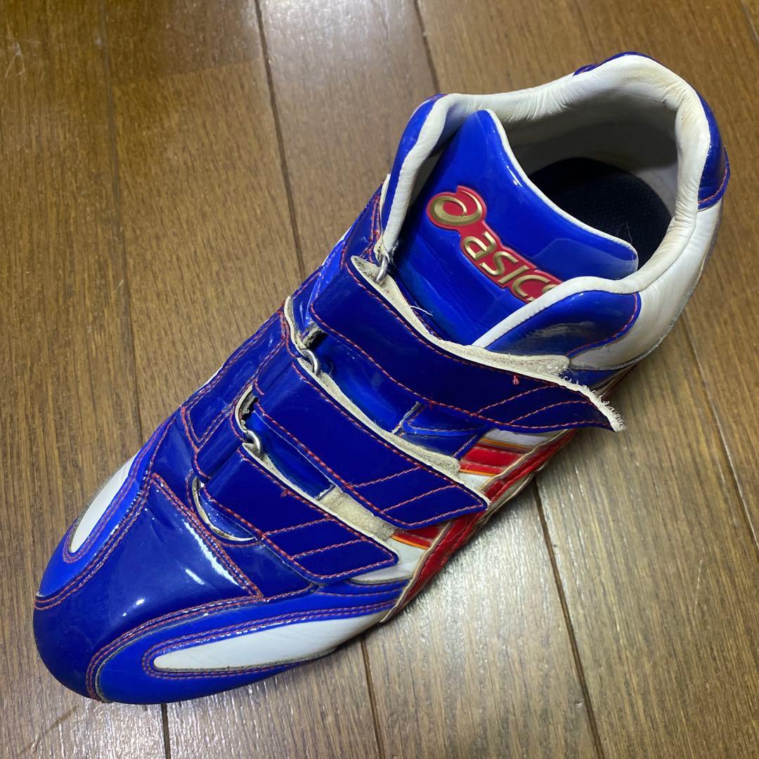 asics 野球スパイクシューズ 青/白/赤 ベルクロ、ゴールドステージ