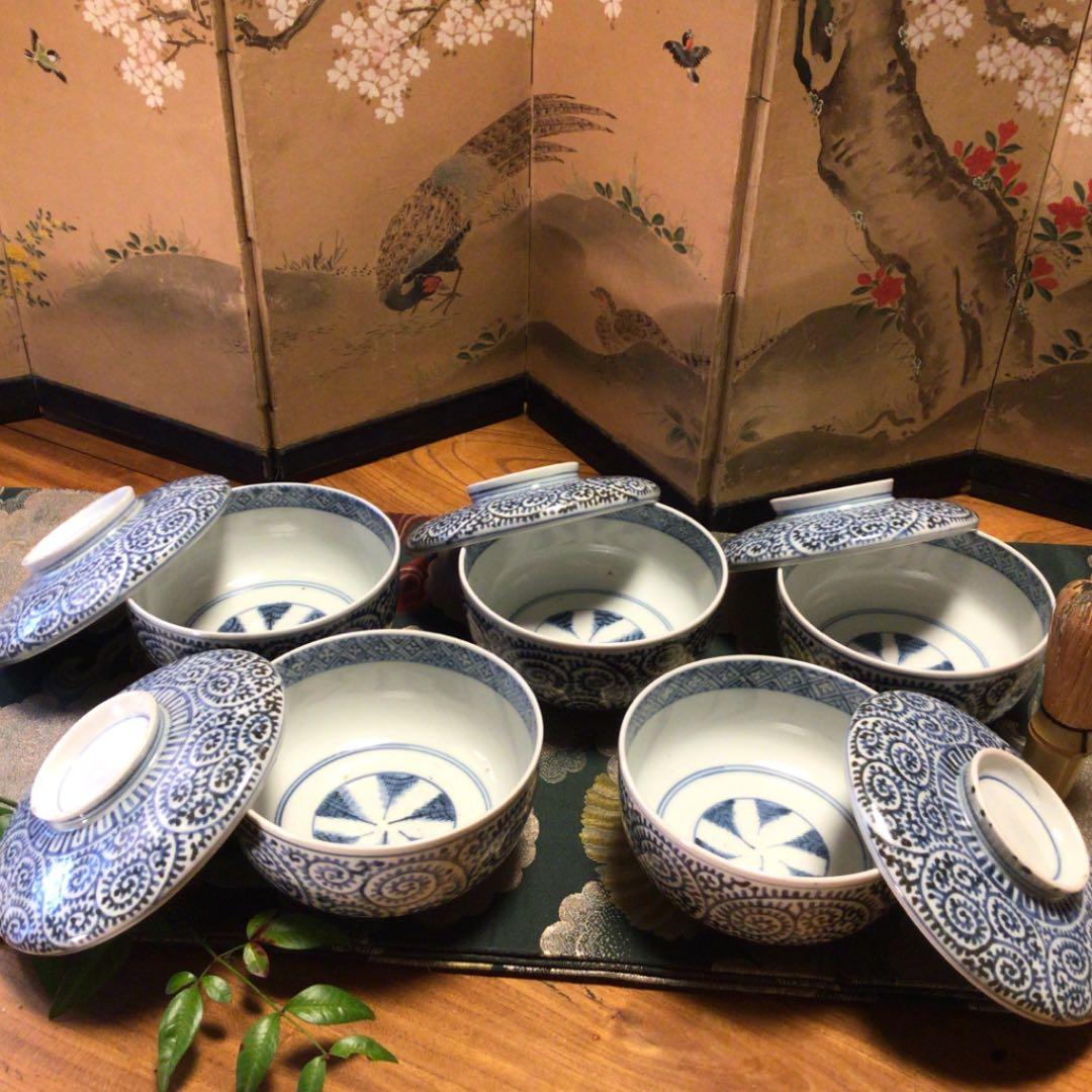 A341 古伊万里　染付　蛸唐草紋様　蓋付丼　蓋茶碗　5客