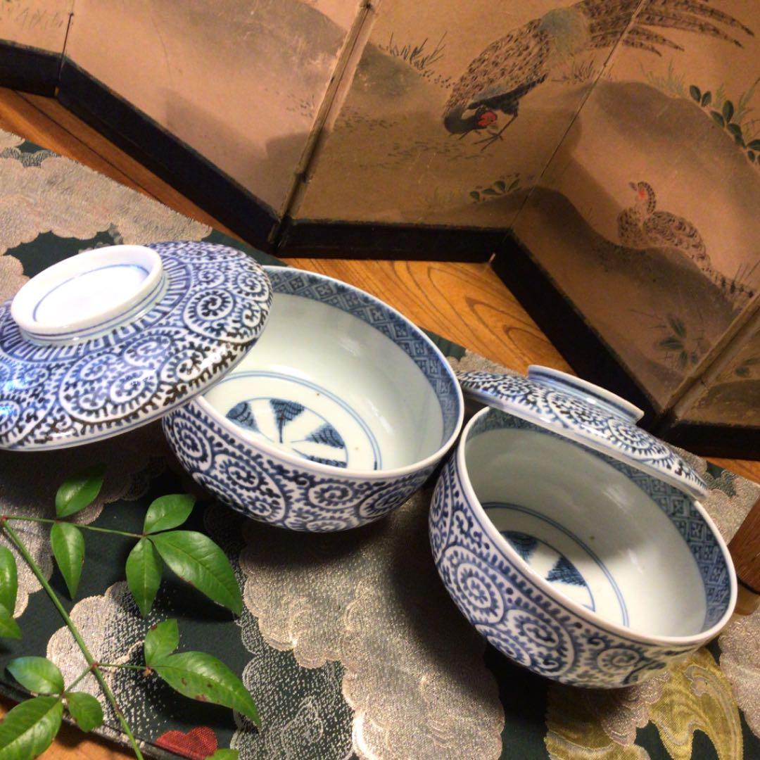 A341 古伊万里　染付　蛸唐草紋様　蓋付丼　蓋茶碗　5客