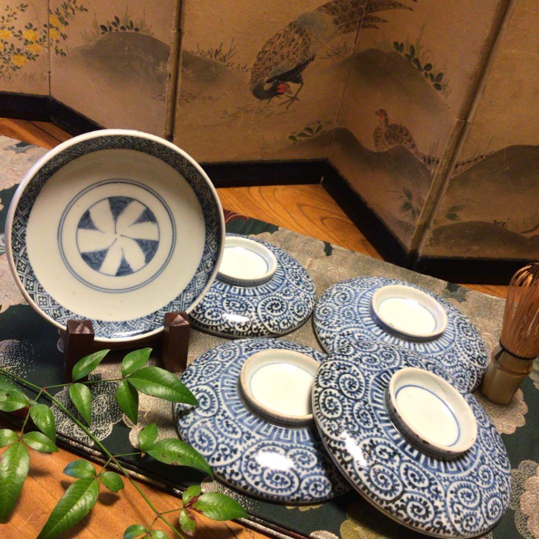 A341 古伊万里　染付　蛸唐草紋様　蓋付丼　蓋茶碗　5客