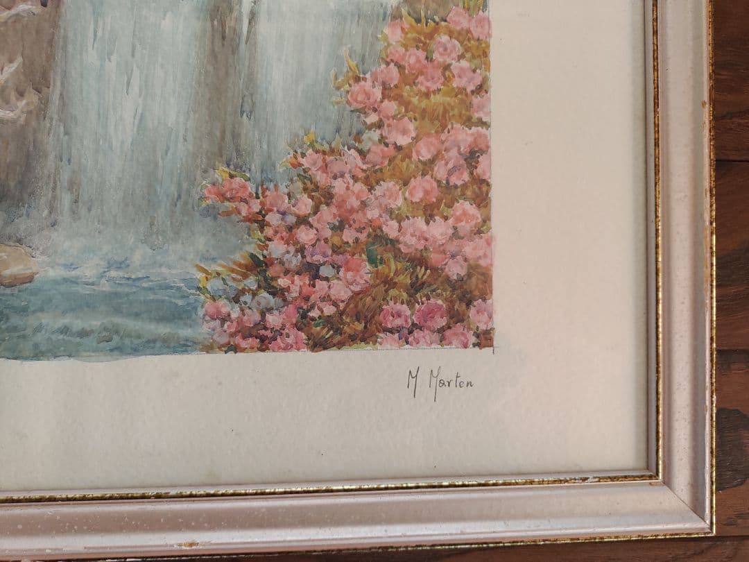M. Martin 水彩画 「滝」サイン入り