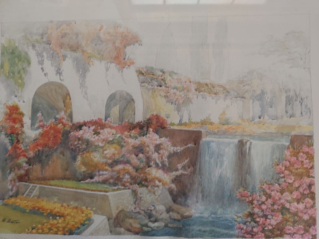 M. Martin 水彩画 「滝」サイン入り