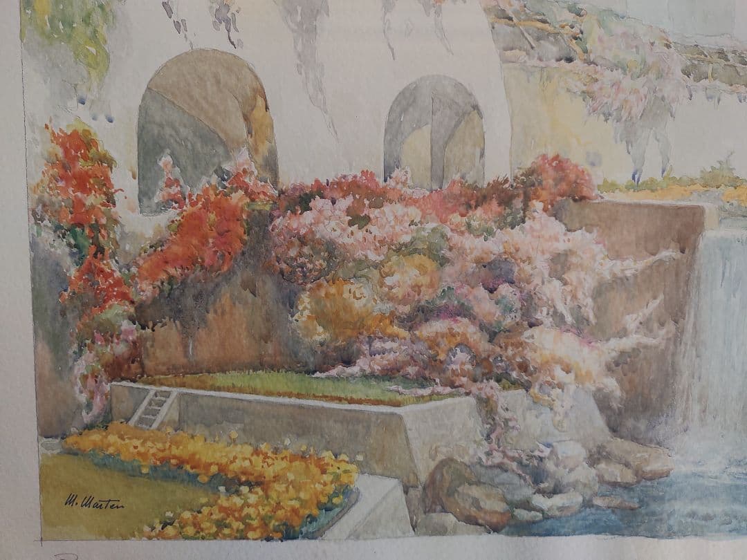 M. Martin 水彩画 「滝」サイン入り
