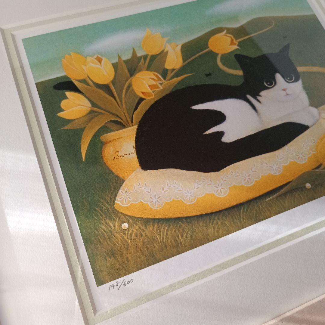 秋吉由紀子 「五月のレモンパイ」 版画 レトロ 猫 ネコ ハチワレ 美品