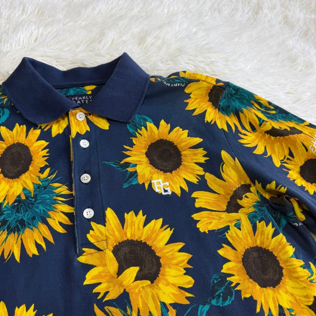 【パーリーゲイツ】美品 ポロシャツ ネイビー ひまわり 5サイズ メンズ