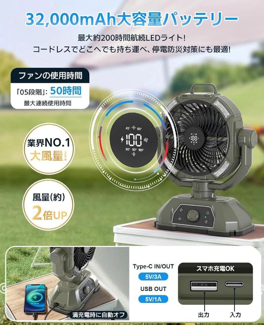 ★アウトドア扇風機 ★キャンプ 充電式 風量100段階 32,000mAh 静音